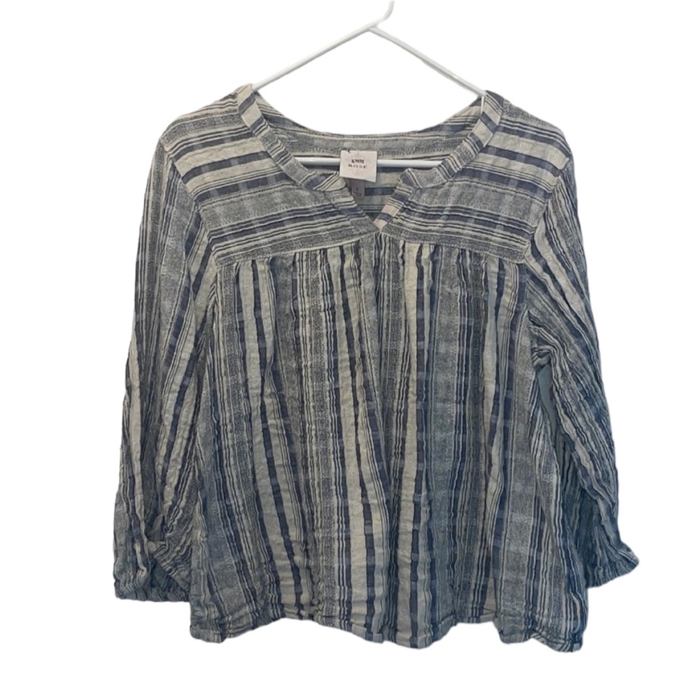 •KNOX ROSE•OATMEAL/BLUE STRIPED 3/4 SLEEVE SLIGHT V-NECK BLOUSE EUC SIZE LARGE